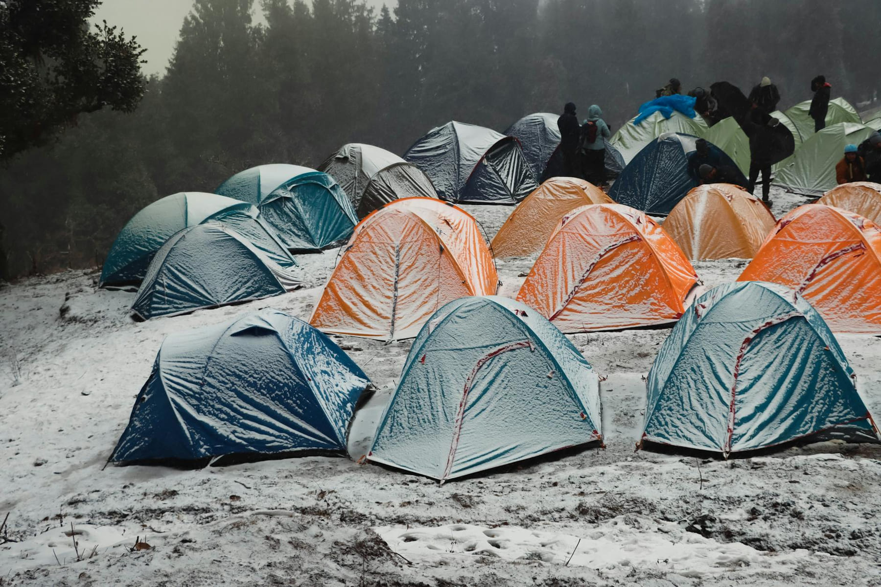 A vibrant campsite with colorful tents in a snowy forest in Singtur Range, India, capturing the essence of winter camping. on The Frugal Camper